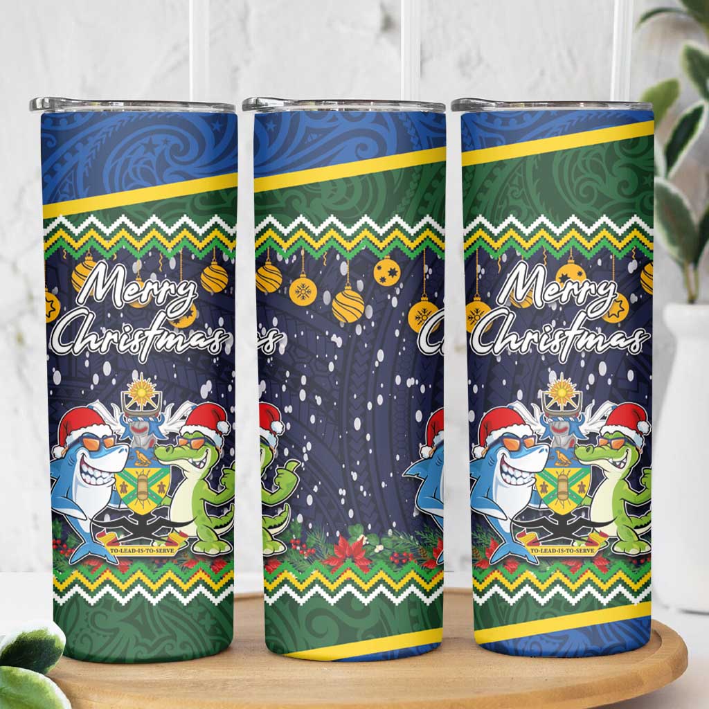 Funny Crocodile and Shark Solomon Islands Christmas Skinny Tumbler with National Seal Melanesian Pattern LT03 - Polynesian Pride