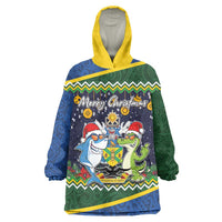 Funny Crocodile and Shark Solomon Islands Christmas Wearable Blanket Hoodie with National Seal Melanesian Pattern LT03 One Size Blue - Polynesian Pride