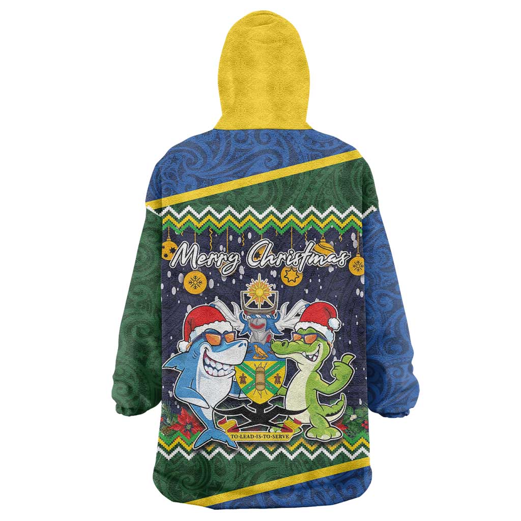 Funny Crocodile and Shark Solomon Islands Christmas Wearable Blanket Hoodie with National Seal Melanesian Pattern LT03 - Polynesian Pride