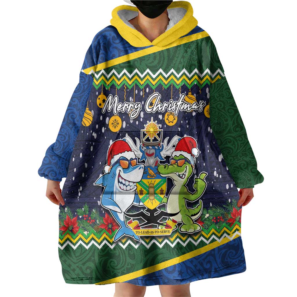 Funny Crocodile and Shark Solomon Islands Christmas Wearable Blanket Hoodie with National Seal Melanesian Pattern LT03 - Polynesian Pride