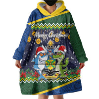 Funny Crocodile and Shark Solomon Islands Christmas Wearable Blanket Hoodie with National Seal Melanesian Pattern LT03 - Polynesian Pride