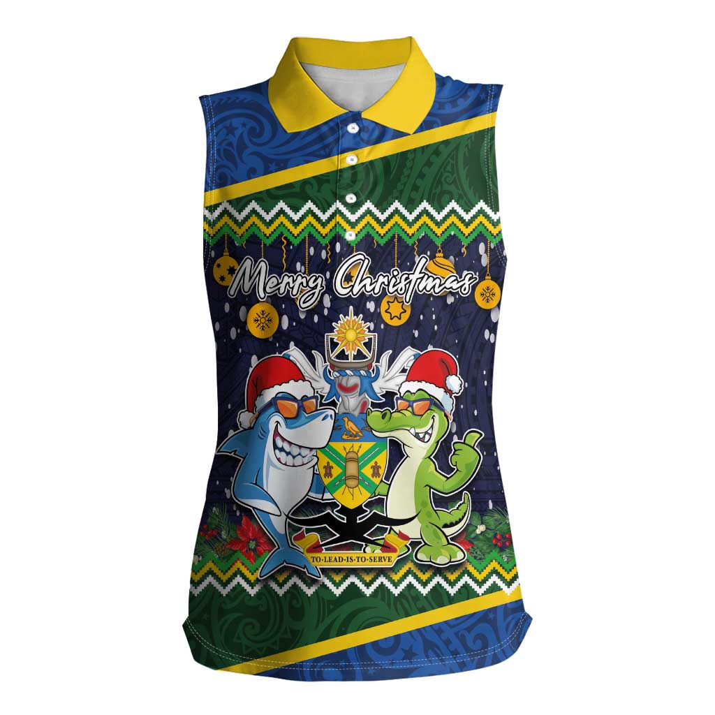 Funny Crocodile and Shark Solomon Islands Christmas Women Sleeveless Polo Shirt with National Seal Melanesian Pattern LT03 Female Blue - Polynesian Pride
