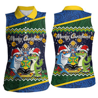 Funny Crocodile and Shark Solomon Islands Christmas Women Sleeveless Polo Shirt with National Seal Melanesian Pattern LT03 - Polynesian Pride