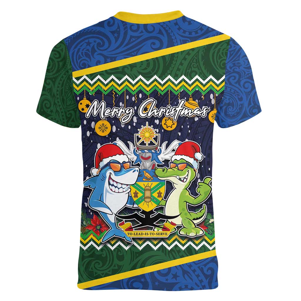 Funny Crocodile and Shark Solomon Islands Christmas Women V-Neck T-Shirt with National Seal Melanesian Pattern LT03 - Polynesian Pride