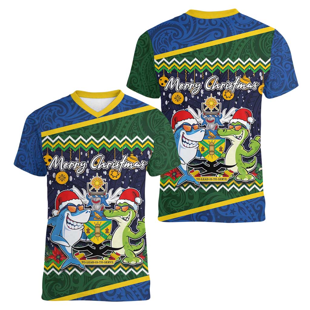Funny Crocodile and Shark Solomon Islands Christmas Women V-Neck T-Shirt with National Seal Melanesian Pattern LT03 - Polynesian Pride