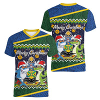 Funny Crocodile and Shark Solomon Islands Christmas Women V-Neck T-Shirt with National Seal Melanesian Pattern LT03 - Polynesian Pride