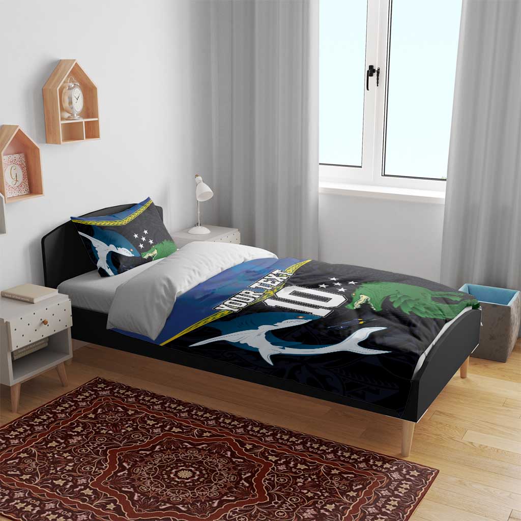 Custom Solomon Islands Rugby Bedding Set Arty Shark and Crocodile Solomon Islands National Emblems