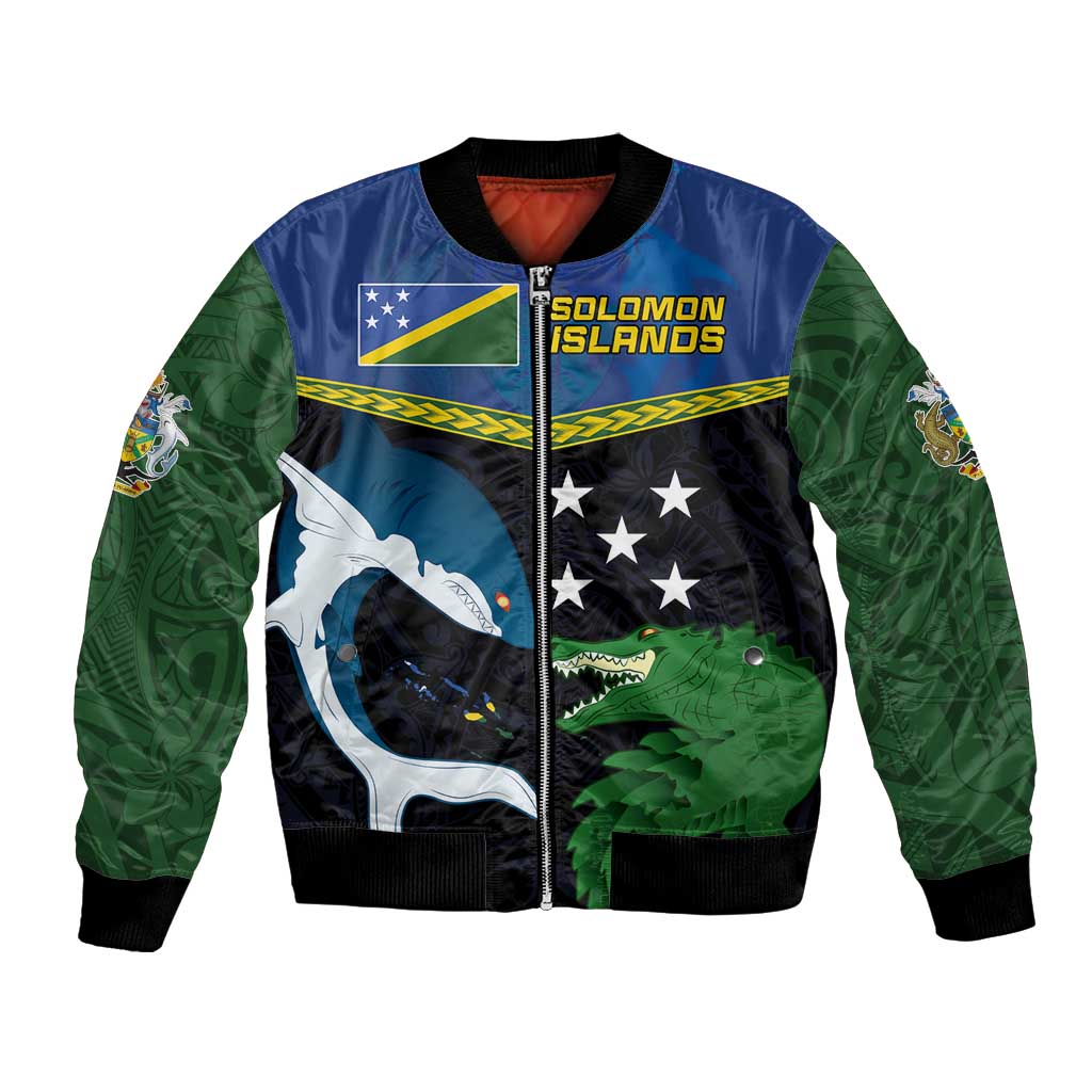 Custom Solomon Islands Rugby Bomber Jacket Arty Shark and Crocodile Solomon Islands National Emblems LT03 Unisex Blue - Polynesian Pride