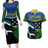 Custom Solomon Islands Rugby Couples Matching Long Sleeve Bodycon Dress and Hawaiian Shirt Arty Shark and Crocodile Solomon Islands National Emblems LT03 Blue - Polynesian Pride