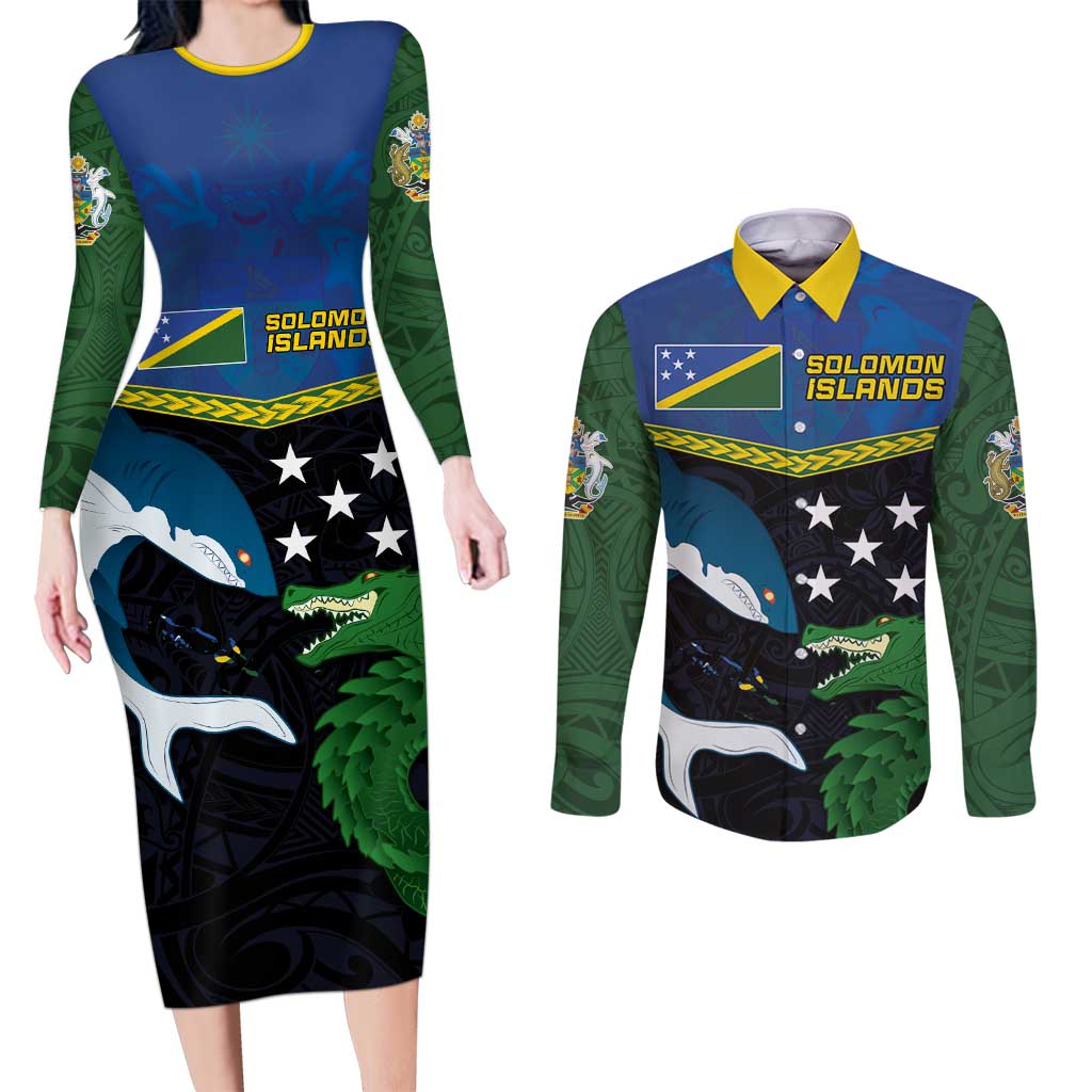 Custom Solomon Islands Rugby Couples Matching Long Sleeve Bodycon Dress and Long Sleeve Button Shirt Arty Shark and Crocodile Solomon Islands National Emblems LT03 Blue - Polynesian Pride