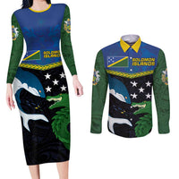 Custom Solomon Islands Rugby Couples Matching Long Sleeve Bodycon Dress and Long Sleeve Button Shirt Arty Shark and Crocodile Solomon Islands National Emblems LT03 Blue - Polynesian Pride