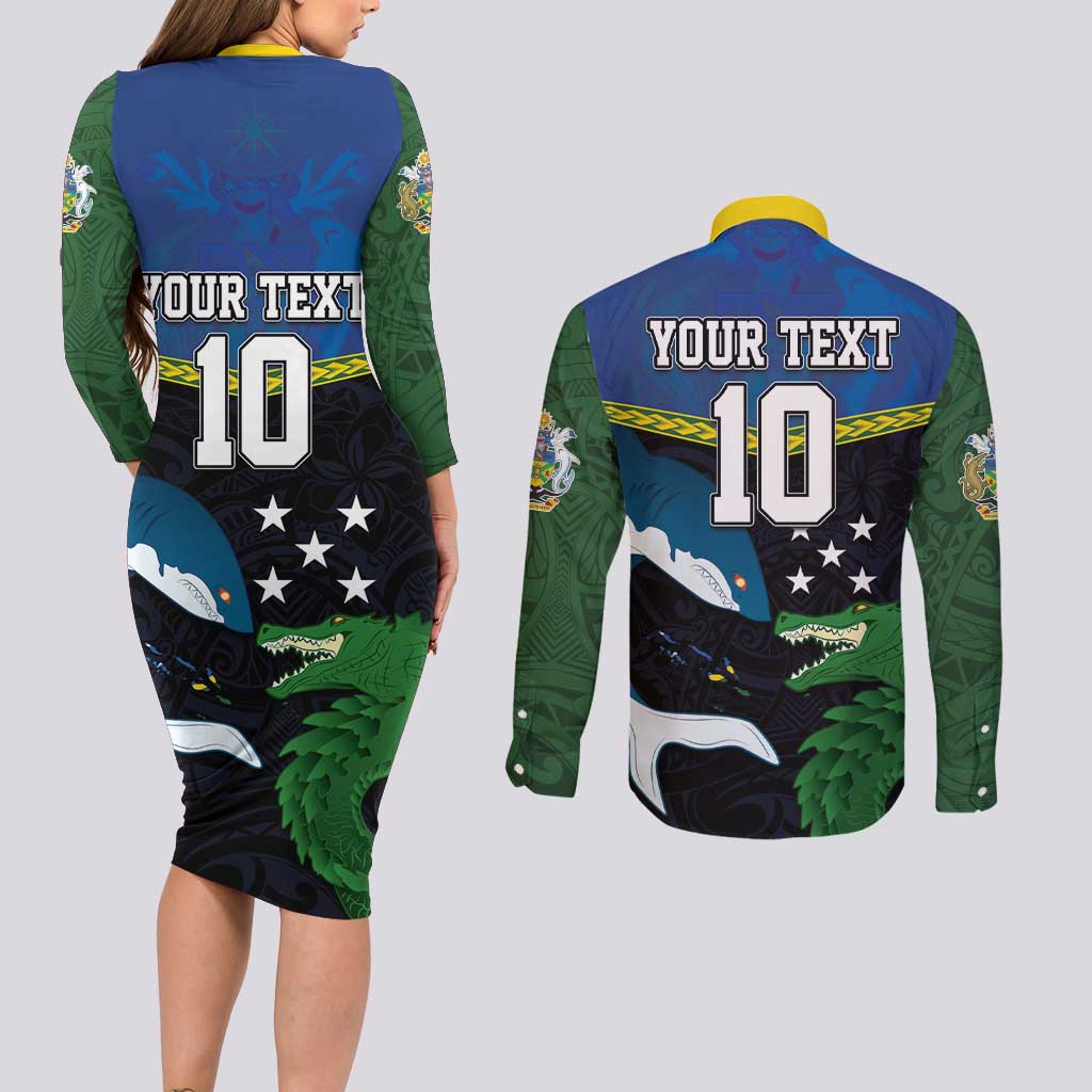 Custom Solomon Islands Rugby Couples Matching Long Sleeve Bodycon Dress and Long Sleeve Button Shirt Arty Shark and Crocodile Solomon Islands National Emblems LT03 - Polynesian Pride