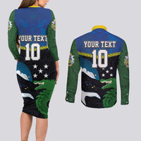 Custom Solomon Islands Rugby Couples Matching Long Sleeve Bodycon Dress and Long Sleeve Button Shirt Arty Shark and Crocodile Solomon Islands National Emblems LT03 - Polynesian Pride