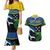 Custom Solomon Islands Rugby Couples Matching Mermaid Dress and Hawaiian Shirt Arty Shark and Crocodile Solomon Islands National Emblems LT03 Blue - Polynesian Pride