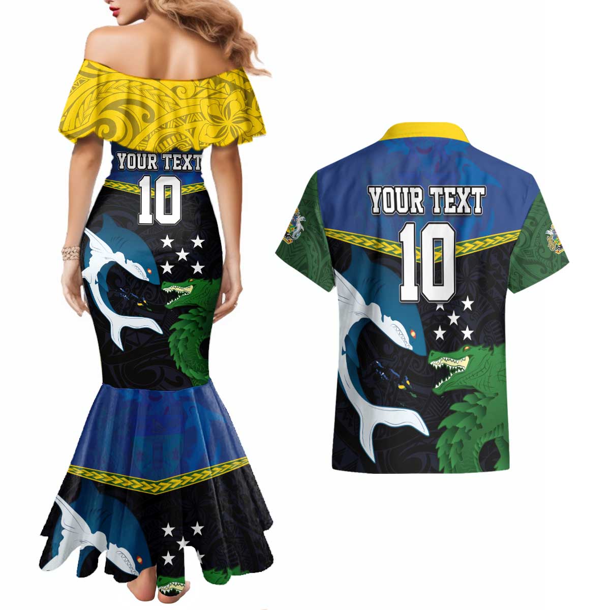 Custom Solomon Islands Rugby Couples Matching Mermaid Dress and Hawaiian Shirt Arty Shark and Crocodile Solomon Islands National Emblems LT03 - Polynesian Pride