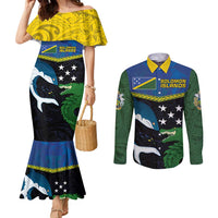 Custom Solomon Islands Rugby Couples Matching Mermaid Dress and Long Sleeve Button Shirt Arty Shark and Crocodile Solomon Islands National Emblems LT03 Blue - Polynesian Pride