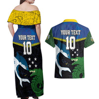 Custom Solomon Islands Rugby Couples Matching Off Shoulder Maxi Dress and Hawaiian Shirt Arty Shark and Crocodile Solomon Islands National Emblems LT03 - Polynesian Pride