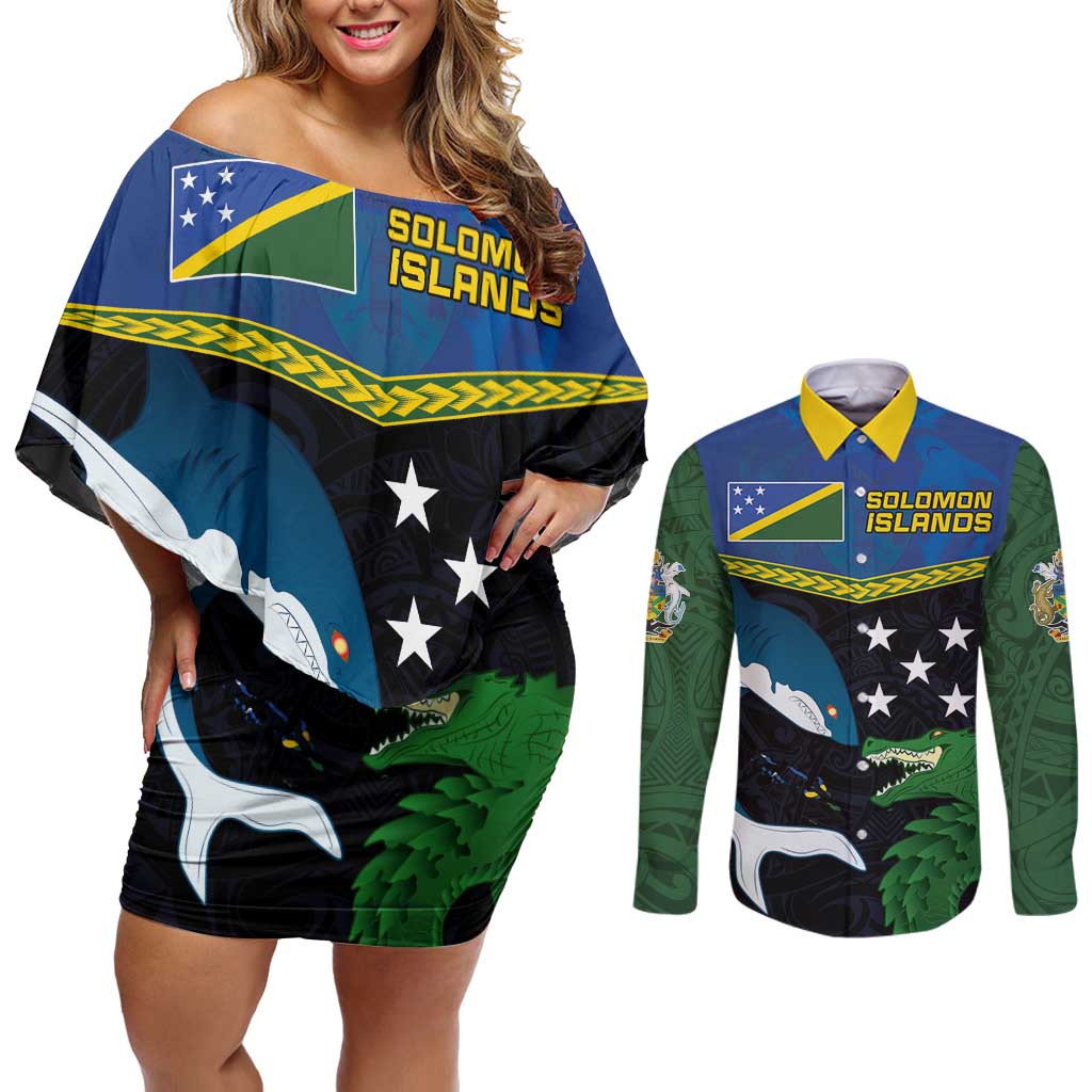 Custom Solomon Islands Rugby Couples Matching Off Shoulder Short Dress and Long Sleeve Button Shirt Arty Shark and Crocodile Solomon Islands National Emblems LT03 Blue - Polynesian Pride