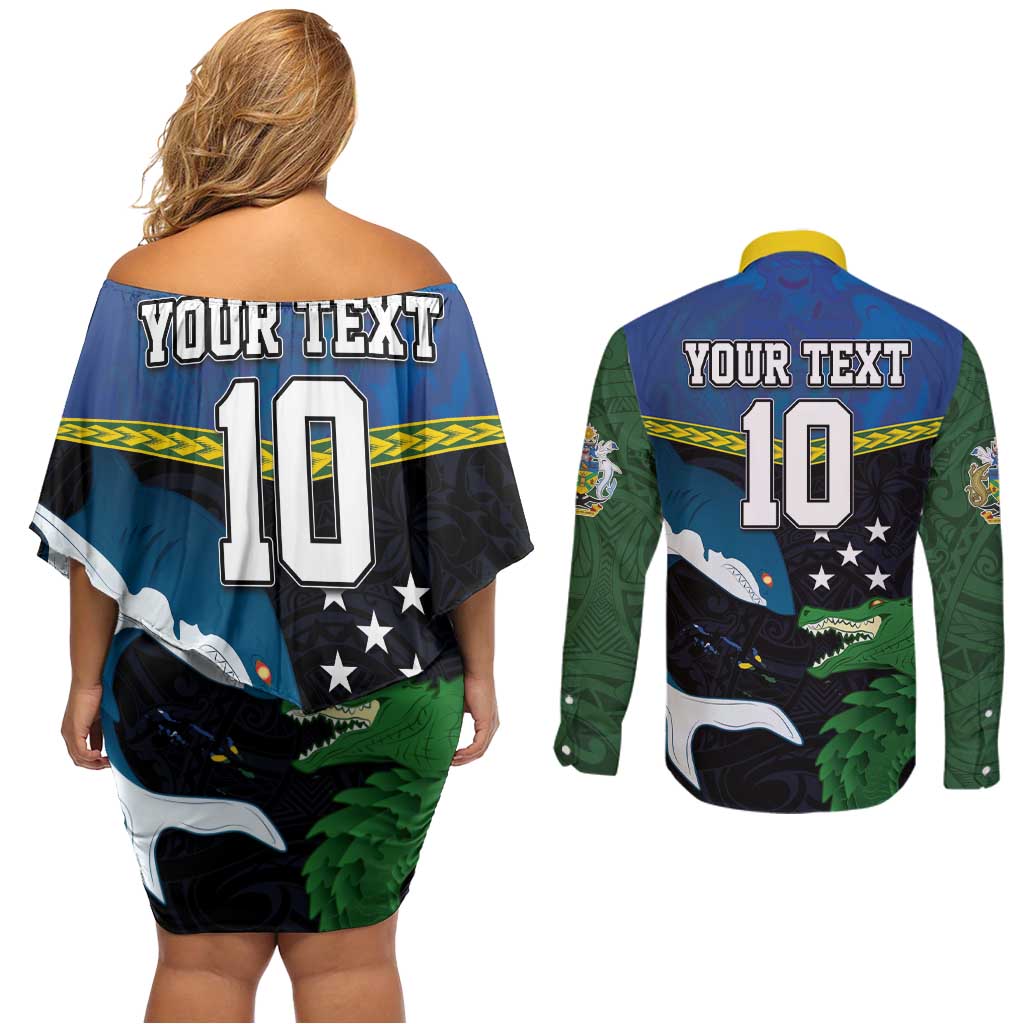 Custom Solomon Islands Rugby Couples Matching Off Shoulder Short Dress and Long Sleeve Button Shirt Arty Shark and Crocodile Solomon Islands National Emblems LT03 - Polynesian Pride