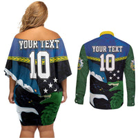 Custom Solomon Islands Rugby Couples Matching Off Shoulder Short Dress and Long Sleeve Button Shirt Arty Shark and Crocodile Solomon Islands National Emblems LT03 - Polynesian Pride