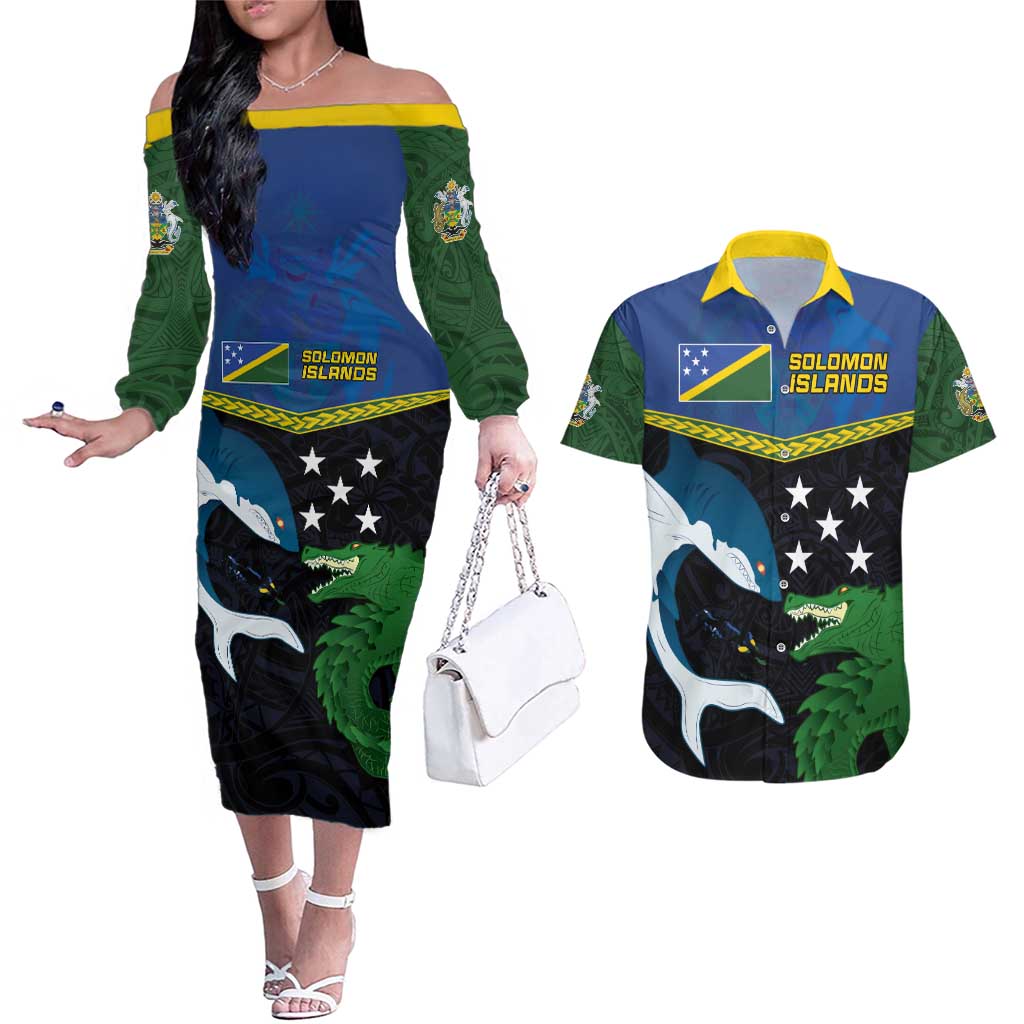 Custom Solomon Islands Rugby Couples Matching Off The Shoulder Long Sleeve Dress and Hawaiian Shirt Arty Shark and Crocodile Solomon Islands National Emblems LT03 Blue - Polynesian Pride