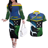 Custom Solomon Islands Rugby Couples Matching Off The Shoulder Long Sleeve Dress and Hawaiian Shirt Arty Shark and Crocodile Solomon Islands National Emblems LT03 Blue - Polynesian Pride
