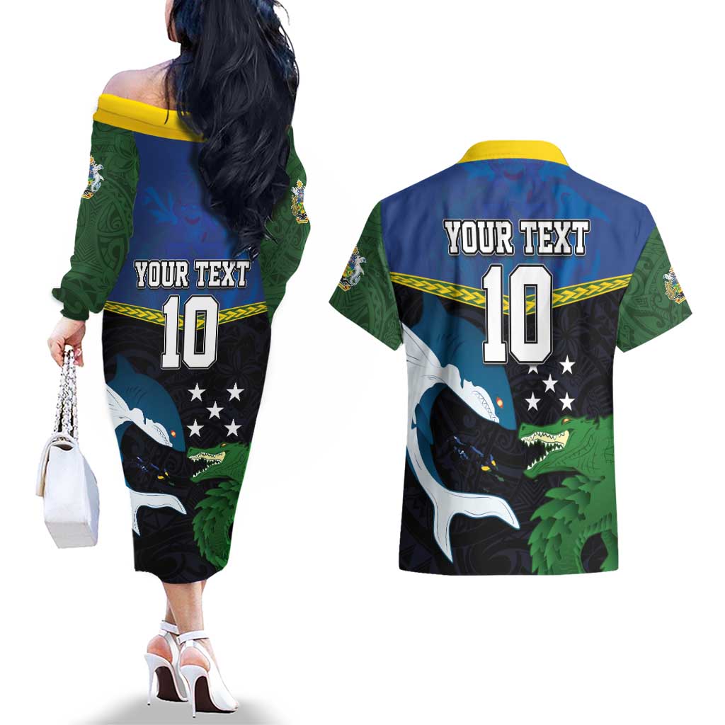 Custom Solomon Islands Rugby Couples Matching Off The Shoulder Long Sleeve Dress and Hawaiian Shirt Arty Shark and Crocodile Solomon Islands National Emblems LT03 - Polynesian Pride