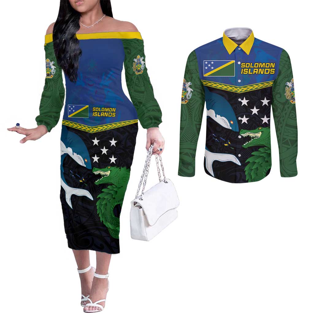 Custom Solomon Islands Rugby Couples Matching Off The Shoulder Long Sleeve Dress and Long Sleeve Button Shirt Arty Shark and Crocodile Solomon Islands National Emblems LT03 Blue - Polynesian Pride