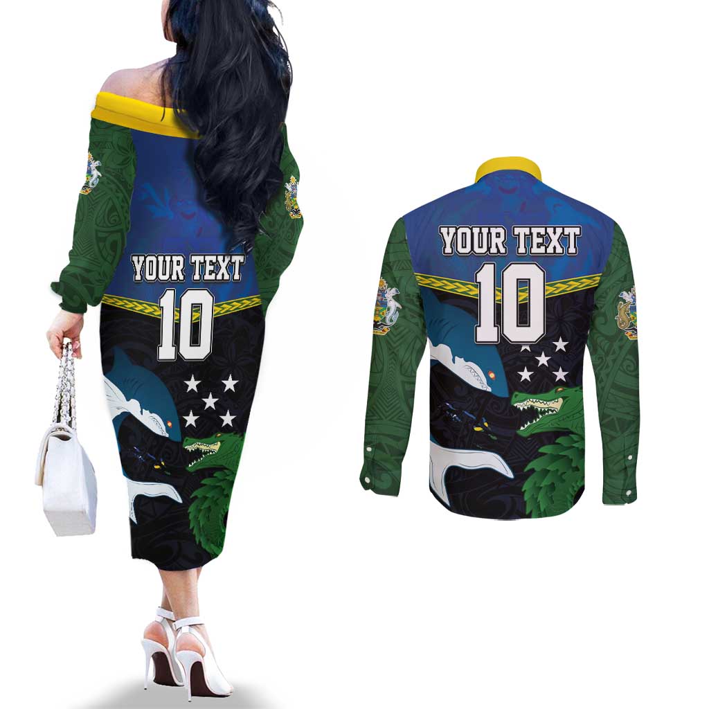 Custom Solomon Islands Rugby Couples Matching Off The Shoulder Long Sleeve Dress and Long Sleeve Button Shirt Arty Shark and Crocodile Solomon Islands National Emblems LT03 - Polynesian Pride