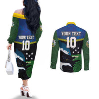 Custom Solomon Islands Rugby Couples Matching Off The Shoulder Long Sleeve Dress and Long Sleeve Button Shirt Arty Shark and Crocodile Solomon Islands National Emblems LT03 - Polynesian Pride