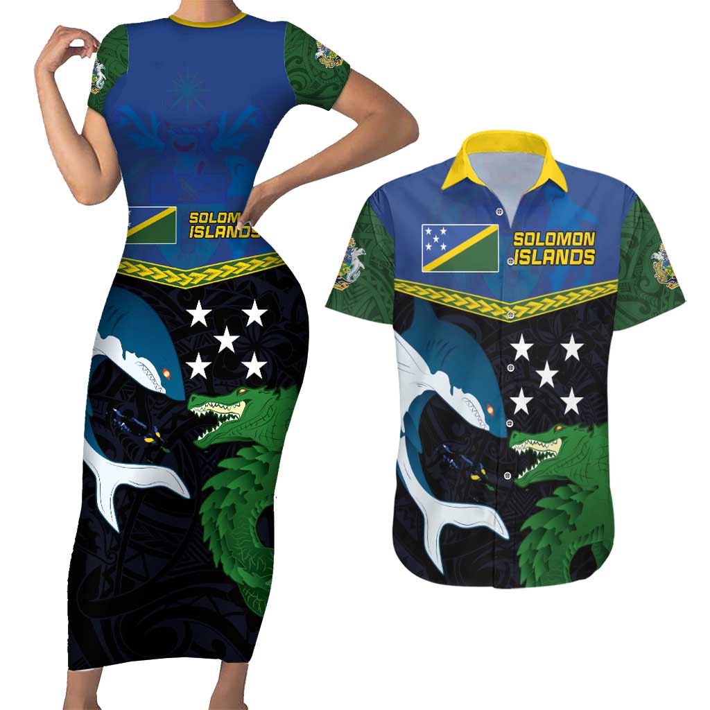 Custom Solomon Islands Rugby Couples Matching Short Sleeve Bodycon Dress and Hawaiian Shirt Arty Shark and Crocodile Solomon Islands National Emblems LT03 Blue - Polynesian Pride