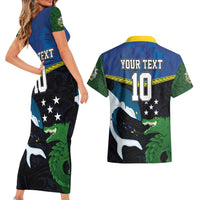 Custom Solomon Islands Rugby Couples Matching Short Sleeve Bodycon Dress and Hawaiian Shirt Arty Shark and Crocodile Solomon Islands National Emblems LT03 - Polynesian Pride