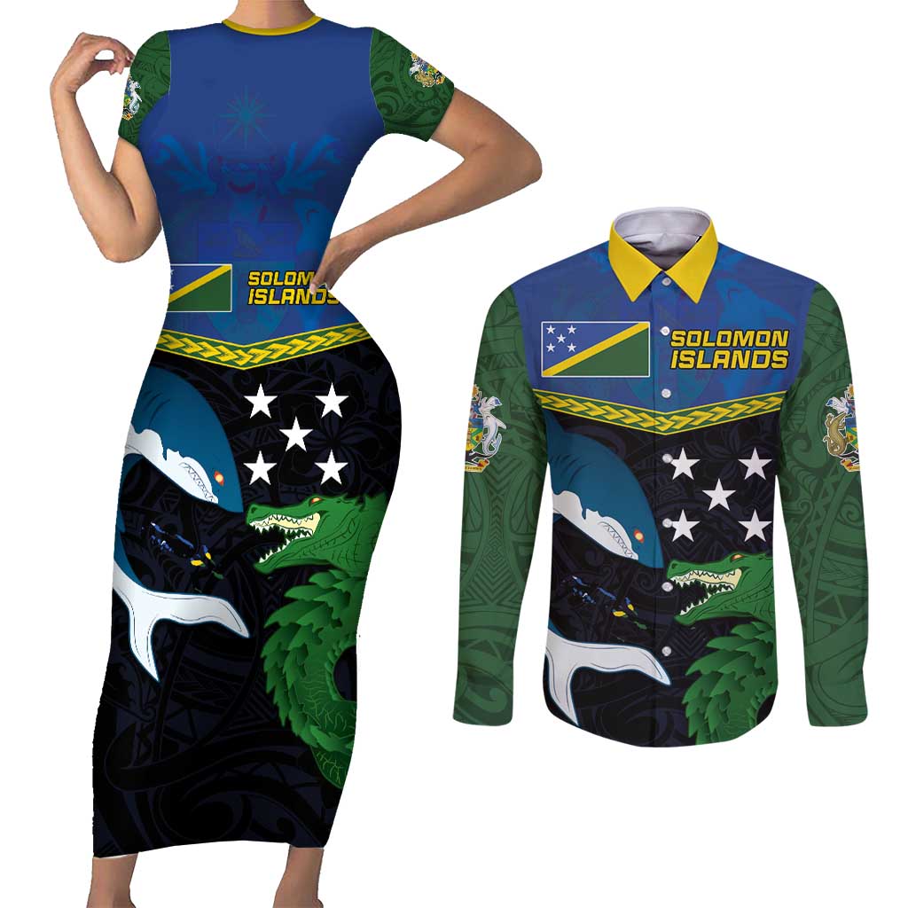 Custom Solomon Islands Rugby Couples Matching Short Sleeve Bodycon Dress and Long Sleeve Button Shirt Arty Shark and Crocodile Solomon Islands National Emblems LT03 Blue - Polynesian Pride