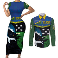 Custom Solomon Islands Rugby Couples Matching Short Sleeve Bodycon Dress and Long Sleeve Button Shirt Arty Shark and Crocodile Solomon Islands National Emblems LT03 Blue - Polynesian Pride