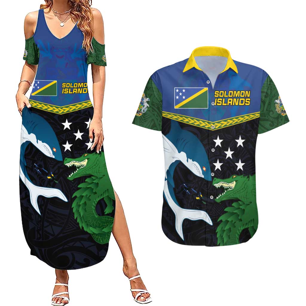 Custom Solomon Islands Rugby Couples Matching Summer Maxi Dress and Hawaiian Shirt Arty Shark and Crocodile Solomon Islands National Emblems LT03 Blue - Polynesian Pride