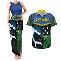 Custom Solomon Islands Rugby Couples Matching Tank Maxi Dress and Hawaiian Shirt Arty Shark and Crocodile Solomon Islands National Emblems LT03 Blue - Polynesian Pride