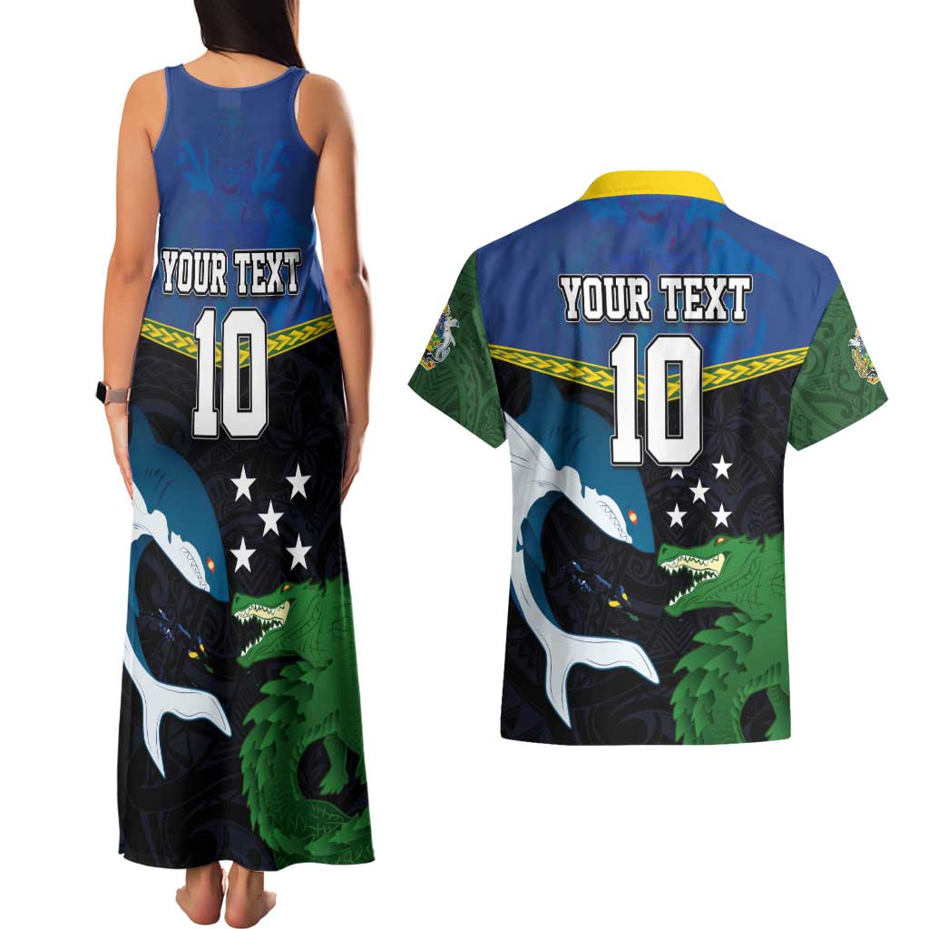 Custom Solomon Islands Rugby Couples Matching Tank Maxi Dress and Hawaiian Shirt Arty Shark and Crocodile Solomon Islands National Emblems LT03 - Polynesian Pride
