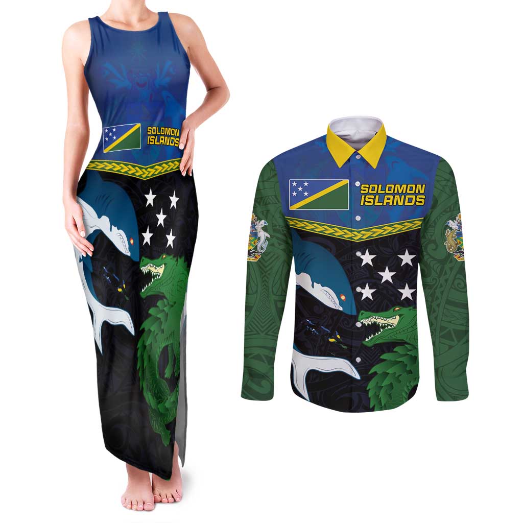 Custom Solomon Islands Rugby Couples Matching Tank Maxi Dress and Long Sleeve Button Shirt Arty Shark and Crocodile Solomon Islands National Emblems LT03 Blue - Polynesian Pride