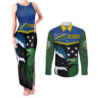 Custom Solomon Islands Rugby Couples Matching Tank Maxi Dress and Long Sleeve Button Shirt Arty Shark and Crocodile Solomon Islands National Emblems LT03 Blue - Polynesian Pride