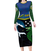 Custom Solomon Islands Rugby Family Matching Long Sleeve Bodycon Dress and Hawaiian Shirt Arty Shark and Crocodile Solomon Islands National Emblems LT03 Mom's Dress Blue - Polynesian Pride