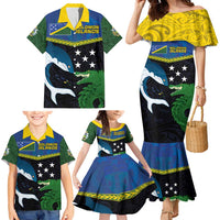 Custom Solomon Islands Rugby Family Matching Mermaid Dress and Hawaiian Shirt Arty Shark and Crocodile Solomon Islands National Emblems LT03 - Polynesian Pride