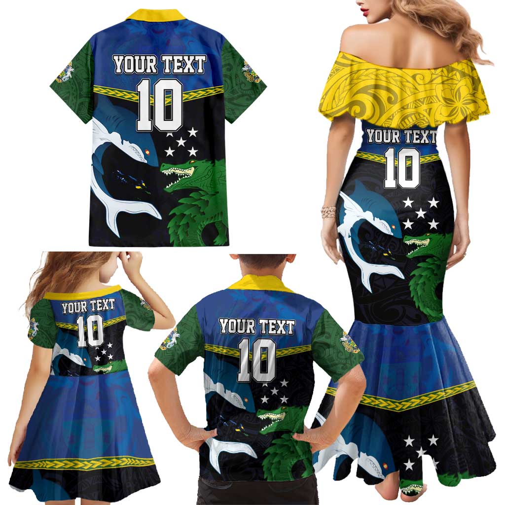 Custom Solomon Islands Rugby Family Matching Mermaid Dress and Hawaiian Shirt Arty Shark and Crocodile Solomon Islands National Emblems LT03 - Polynesian Pride