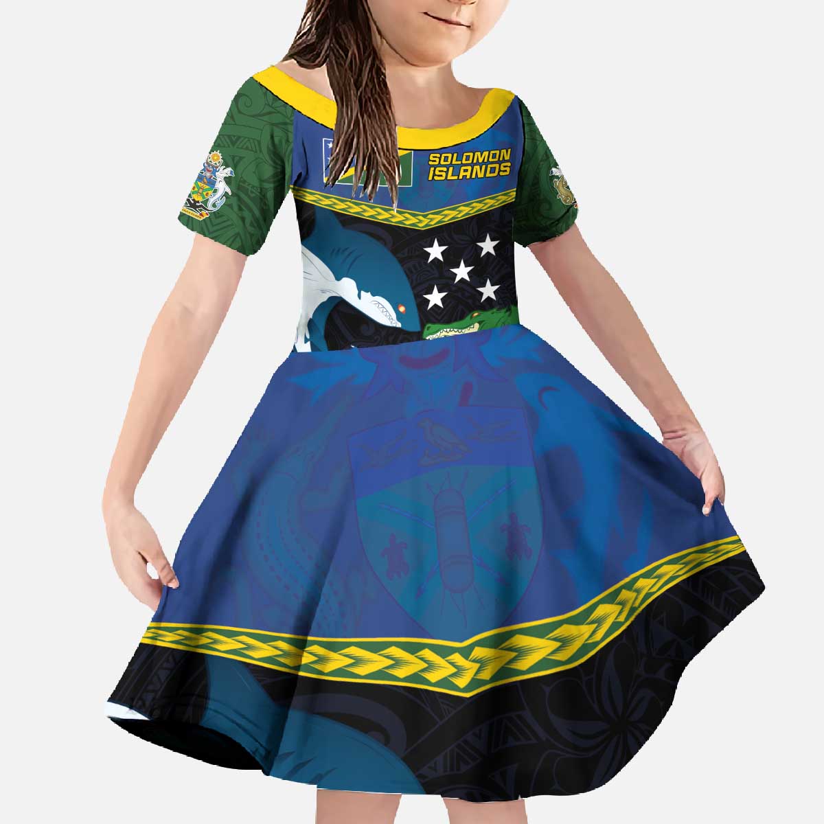 Custom Solomon Islands Rugby Family Matching Off The Shoulder Long Sleeve Dress and Hawaiian Shirt Arty Shark and Crocodile Solomon Islands National Emblems LT03 Daughter's Dress Blue - Polynesian Pride