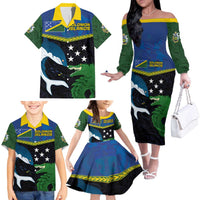 Custom Solomon Islands Rugby Family Matching Off The Shoulder Long Sleeve Dress and Hawaiian Shirt Arty Shark and Crocodile Solomon Islands National Emblems LT03 - Polynesian Pride