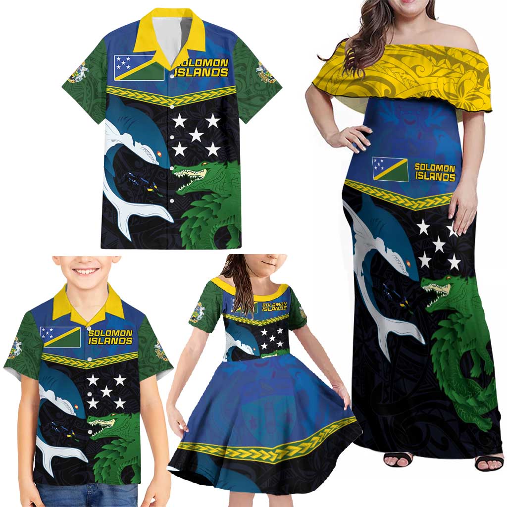 Custom Solomon Islands Rugby Family Matching Off Shoulder Maxi Dress and Hawaiian Shirt Arty Shark and Crocodile Solomon Islands National Emblems LT03 - Polynesian Pride