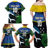 Custom Solomon Islands Rugby Family Matching Off Shoulder Maxi Dress and Hawaiian Shirt Arty Shark and Crocodile Solomon Islands National Emblems LT03 - Polynesian Pride