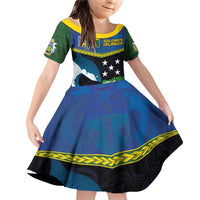Custom Solomon Islands Rugby Family Matching Off Shoulder Short Dress and Hawaiian Shirt Arty Shark and Crocodile Solomon Islands National Emblems LT03 Daughter's Dress Blue - Polynesian Pride