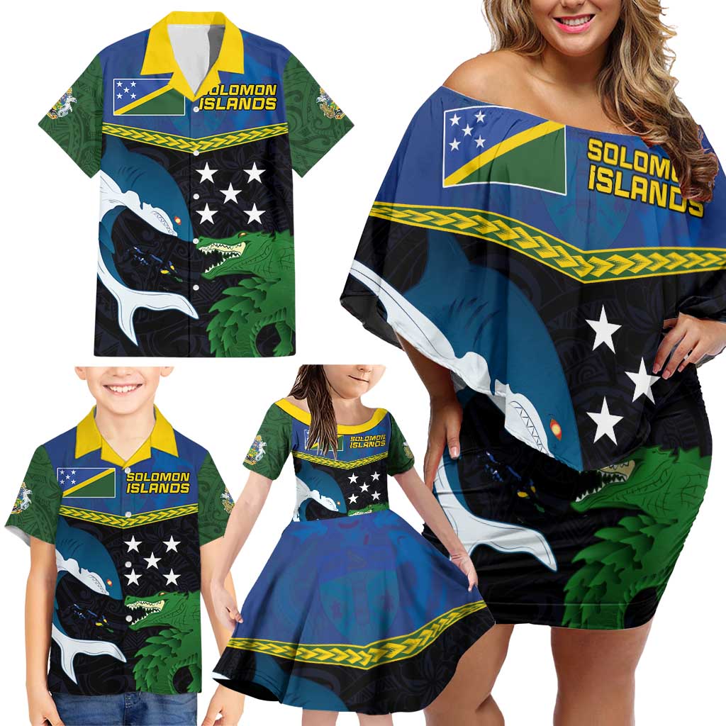 Custom Solomon Islands Rugby Family Matching Off Shoulder Short Dress and Hawaiian Shirt Arty Shark and Crocodile Solomon Islands National Emblems LT03 - Polynesian Pride