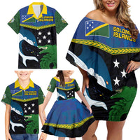 Custom Solomon Islands Rugby Family Matching Off Shoulder Short Dress and Hawaiian Shirt Arty Shark and Crocodile Solomon Islands National Emblems LT03 - Polynesian Pride