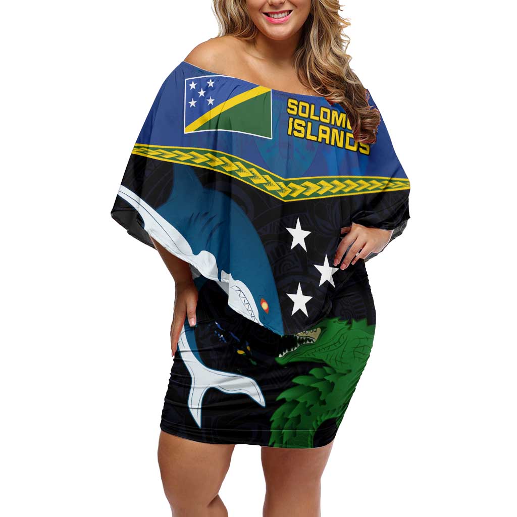 Custom Solomon Islands Rugby Family Matching Off Shoulder Short Dress and Hawaiian Shirt Arty Shark and Crocodile Solomon Islands National Emblems LT03 Mom's Dress Blue - Polynesian Pride